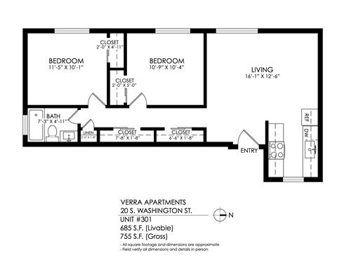 Floor plan for 2 beds, 1 bath, 665 sqft